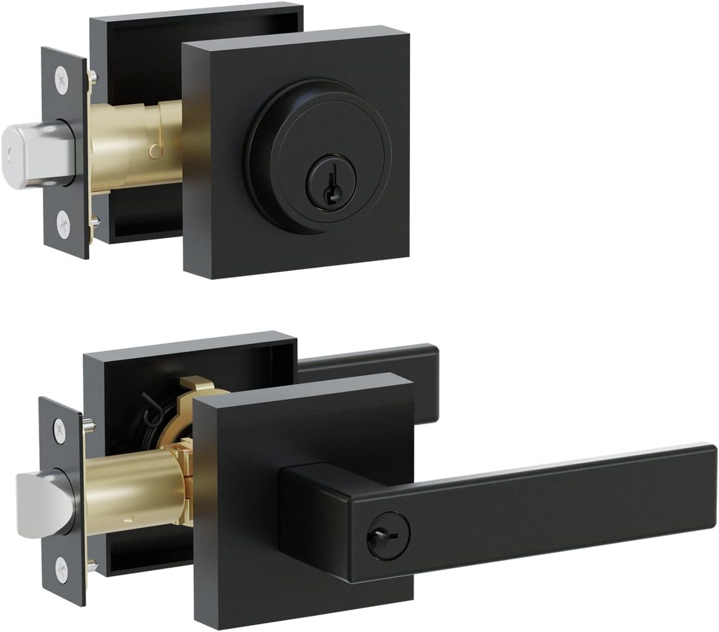 Front Door Lock Set,Keyed Alike Heavy Duty Exterior Door Lock Set,Entry Door Handle and Single Cylinder Deadbolt Combo for Office and Home Security, Reversible for Right and Left Side, Matte Black