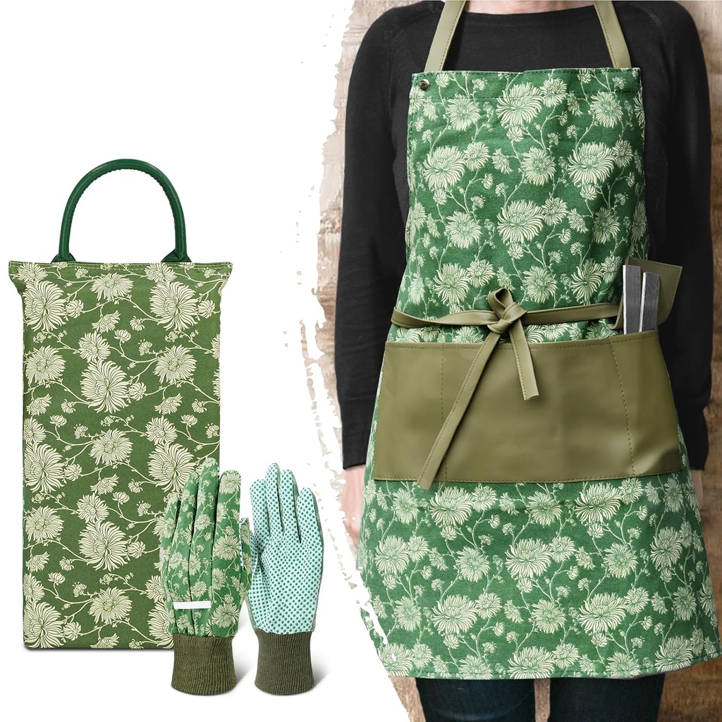 Colwelt Gardening Foam Kneeling Pad Set 3pcs, Gardening Gifts for Women Gardeners, Elegant Pattern Garden Protection Tools Set, Charming Garden Accessories(Extra Thick Kneeling Mat, Apron, Gloves)