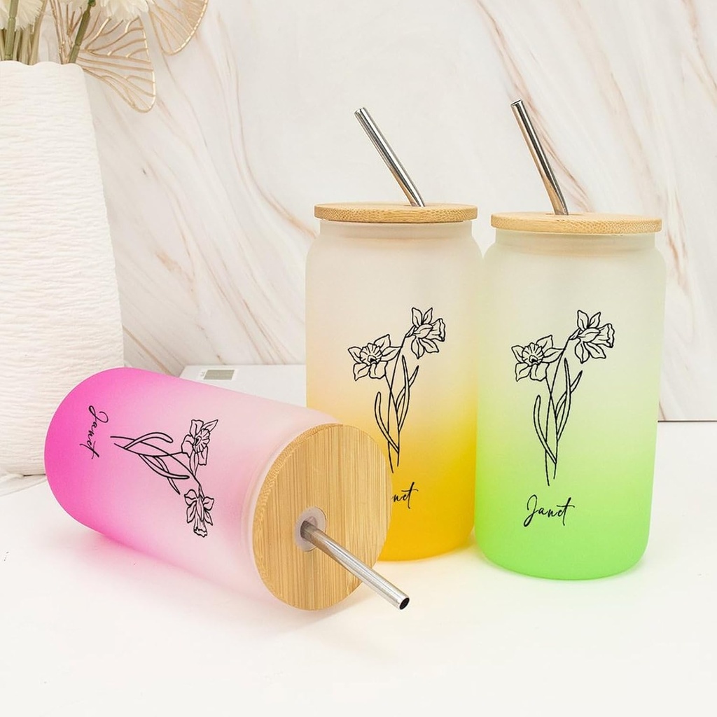 New Year Gifts Custom Birth Flower Drinking Glasses with Bamboo Lid & Straw 16 Oz Tea Iced Coffee Cups with Bamboo Lid And Straw Birthday Birthday Gifts for Sister, Bridesmaid, Bitrhflower