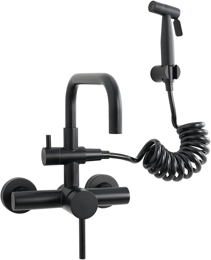 Wall Mount Faucet with Handheld Sprayer 6 Inch Center Kitchen Faucets Swivel 360°Stainless Steel Commercial Sink Faucet with Retractable 79 inch Hose Spray Accessory Set (W-004P-BK)