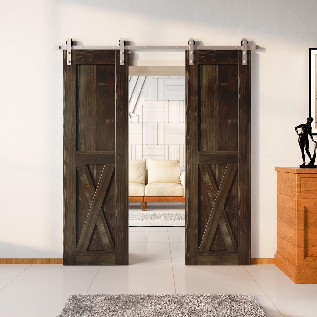 HOMACER Door Size 24'' W x 84'' H x 1-3/8'' D, Double Pine Wood Barn Door (Unassembled X Design) with Brushed Nickel Non-Bypass Installation Hardware Kit, Track Length 108'', Interior Use Only