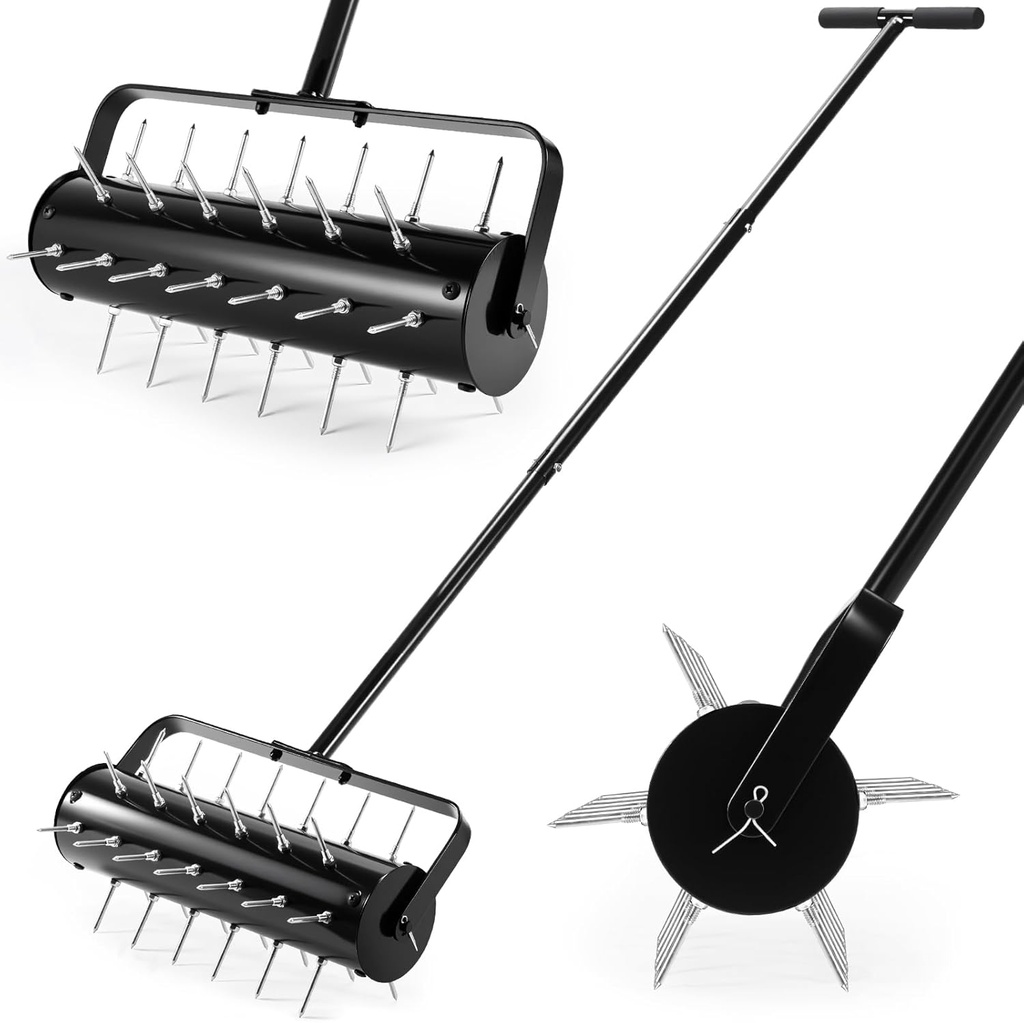 Manual Lawn Aerator Upgraded Spike Rolling Hand Lawn Aerator for Compacted Soils and Lawns, Push Spike Aeration with 2.1 Inch Solid Steel Spikes Garden Aerator Tool