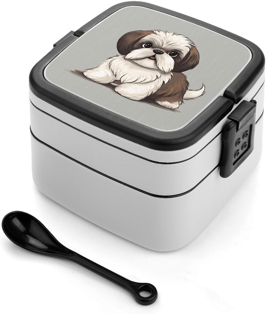 Shih Tzu Dog Bento Box Double-Layer Bento Lunch Container with Spoon And Invisible Handle Adult Leak-Proof Lunchbox for Dining Out Work Picnics Travel