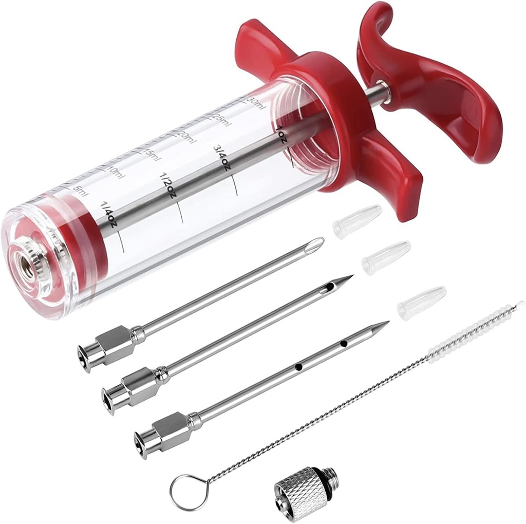 Meat Injector Syringe - 3 Marinade Injector Needles for BBQ Grill, Premium Portable Turkey Injector kit for Smoker,Marinades Injector for Meats With 1oz Large Capacity 1 Brush Easy to Use & Clean Red