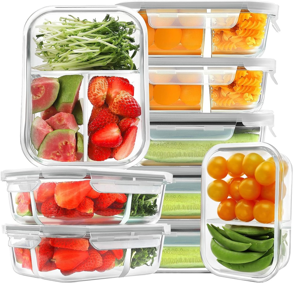 HOMBERKING 9 Pack Glass Meal Prep Containers 3 & 2 & 1 Compartment, Glass Food Storage Containers with Lids, Airtight Glass Lunch Bento Boxes, BPA-Free & Leak Proof (9 lids & 9 Containers) - Grey