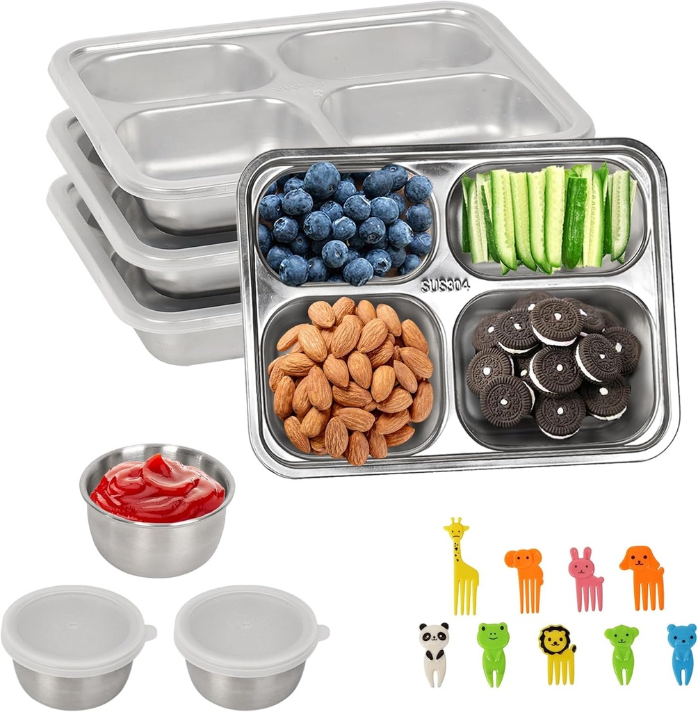 Stainless Steel Snack Containers 6-Pack - 3 Bento Box Meal Prep Kit with 3 Dressing Containers, Condiment Bowls & Forks | Dishwasher Safe, Lunch Box for Kids Adults, School Office Travel