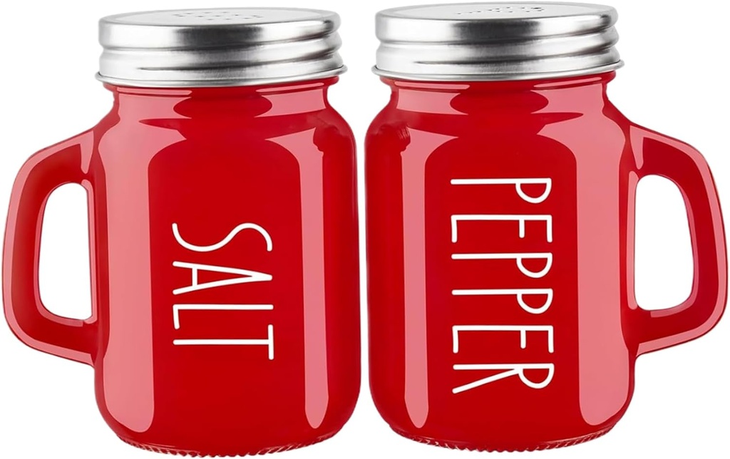 Salt and Pepper Shakers Set, Red Salt and Pepper Shakers with Small Handle 120ml Glass Shaker with Stainless Steel Lids Modern and Cute Kitchen Counter Decor