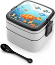 Turtle And Fish Bento Box Adult Lunch Box All-in-One Lunch Containers with Removable Compartments Double Layer Bento Lunch Box with Spoon And Handle Stackable Lunchbox