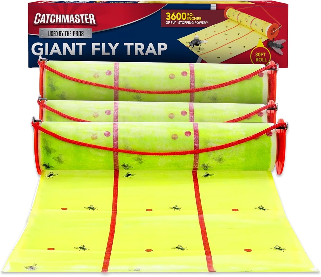 Catchmaster Giant Fly Glue Trap 3-Pack 30 Feet Each, Adhesive Fly Traps Outdoor, Sticky Bug Catcher, Bulk Flying Insect Paper Roll, Pest Control for Garage, Barn, Greenhouse & Garbage Room
