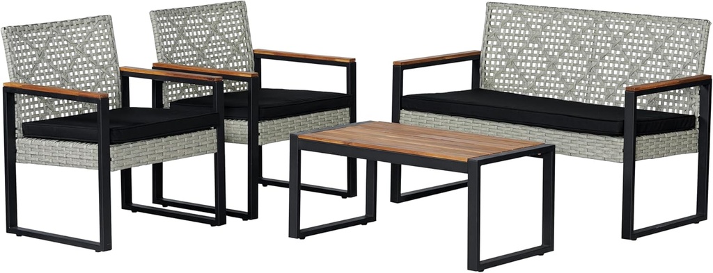 JONATHAN Y LVG1102C-4SET Wilder 4-Piece Modern Coastal Faux Wicker Conversation Outdoor Patio Set Industrial, Farmhouse, Mid-Century, Classic, Contemporary, Minimalist, White Wash/Black/Natural