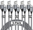 etguuds USB A to USB C Cable 5-Pack (3/3/6/6/10 ft), Fast Charging Type C Charger Cord for iPhone 17 16 15 Pro Max Plus Air, Samsung Galaxy S25 S24 S23 S22 S21 S20 A56 A17 A16, Pixel, Moto G, Gray