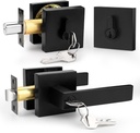 Probrico Matte Black Exterior Door Locksets with Deadbolt,Front Door Entry Handle and Double Cylinder Deadbolt Set, Square Door Lever with Keyed Both Side Deadbolt Lock, 1Pack