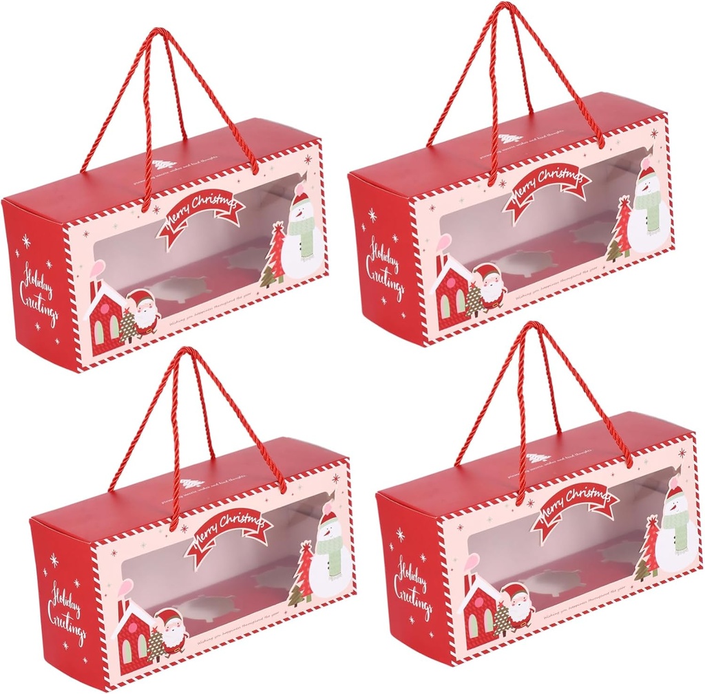 4pcs Christmas Cupcake Carriers Window Portable Bakery Boxes for Muffins Pastries and Treats Sturdy Red Paper Wrapping Design Inner Support for Safe Transport