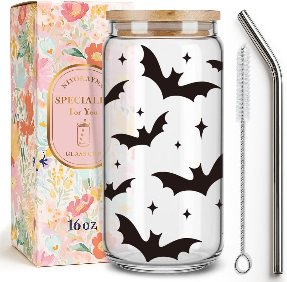 Happy Halloween Bats Drinking Glass Cups Gifts for Women,Halloween Spooky Gifts Ice Coffee Glass Tumbler for Boo Basket Stuffers,Goth Bat Room Decor 16oz Glass Tumbler with Lid and Straw