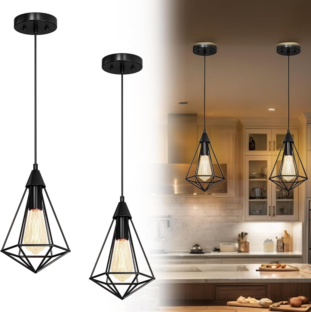 DWVO 2-Pack Pendant Lights Fixture, Farmhouse Iron Cage Metal Line Hanging Ceiling Light with E26 Lamp Holder, Suitable for Kitchen Island, Entrance, Dining Room, Hallway (Black)