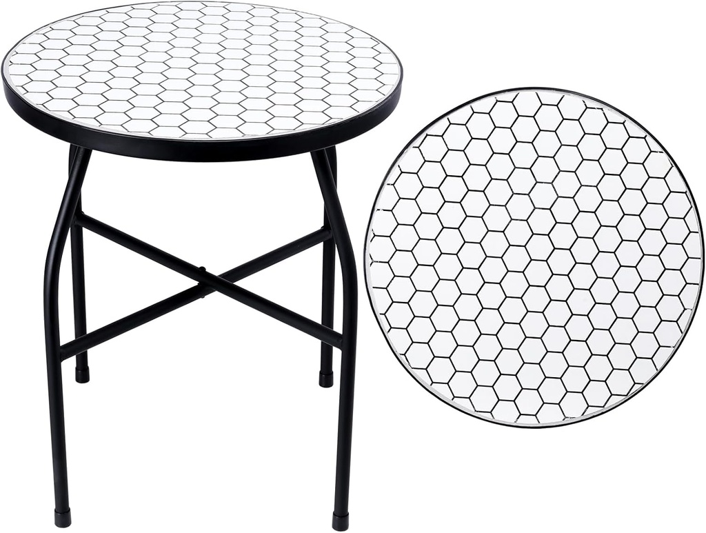VCUTEKA Mosaic Outdoor Side Table - Small Patio Table Coffee Outside Accent Tables Round End Plant Tables for Bistro Balcony Porch Outdoor Benches 14'' White