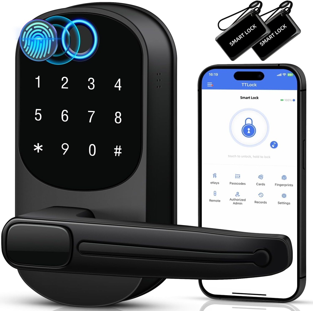 Keypad Door Lock with Handle, ‎VOLIBeL Keyless Entry Door Locks, Smart Fingerprint Smart Knob for Front, Electronic Digital Deadbolt, Smart Locks with App & Security Deadlocking