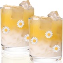 White Daisy Juice Glasses – 2 Pack 14oz Stemless Glass Cups – Bright Floral Drinkware for Brunch, Picnics & Gifts