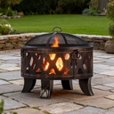 Breezz 26 Inch Wood Burning Fire Pit with Cooking Grill and Spark Screen, Outdoor Metal Round Firepit for Patio, Backyard, Bonfire Party, Camping and Garden