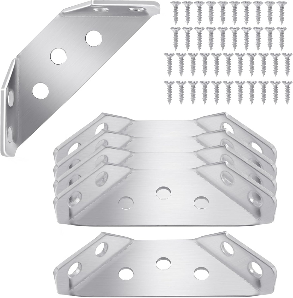Quacc 6 PCS Stainless Steel Furniture Corner Connectors, Corner Braces with Screws, Trapeziform Angle Brackets for Chairs Drawers, Cabinets, Tables (Silver)