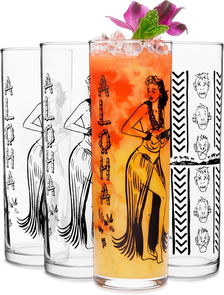 Libbey Zombie Clear Glass Tumbler Set, Vintage-Style Tiki Drinking Glasses Set of 4, Exotic, Tall Drinking Glass Cups for Backyard Luau or Pool Party