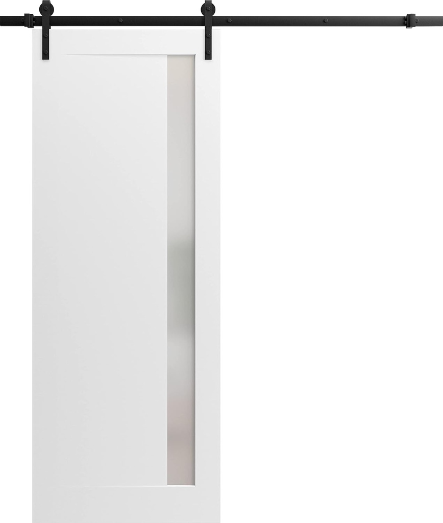 SARTODOORS Planum 0660 | Interior Single Sliding barn Door with Frosted Glass, Solid Wood, 36x80, White, Modern Style | Hardware Included