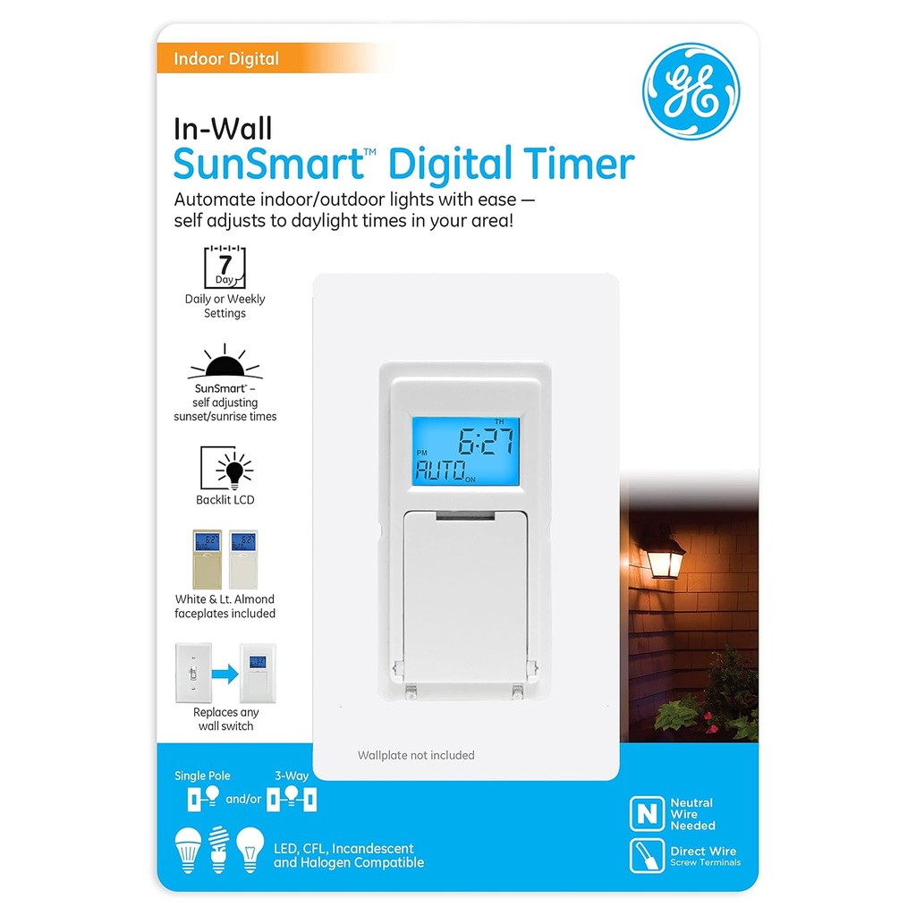 GE SunSmart Digital In-Wall Timer - Daily ON/OFF Times, Programmable Settings, Sunset/Sunrise Presets, Vacation Security - White & Almond Light, Fan, Heater Switch - 32787