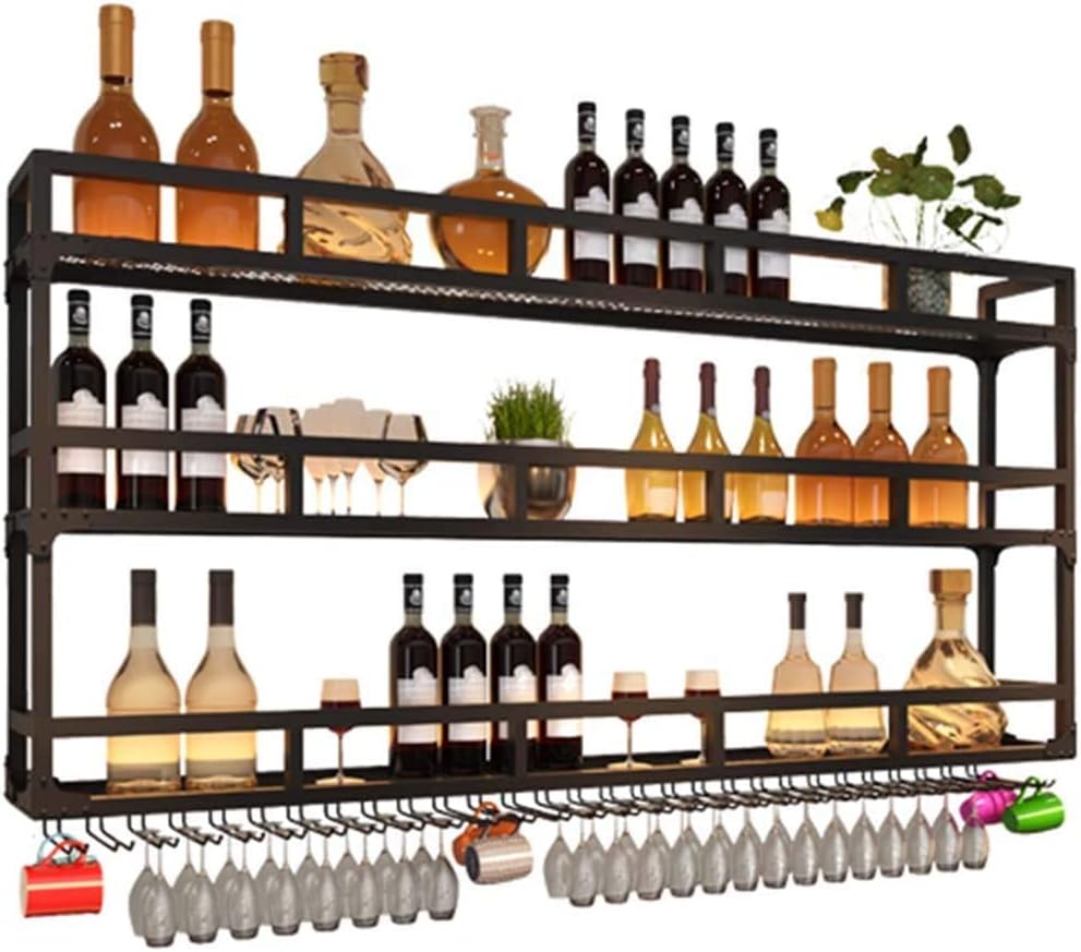 Retro Wall Mounted Wine Rack with Glass Holder and Shelf Multi Layer Storage for Wine Bottles and Glasses Ideal for Bar Counter or Wine Cellar Upside Down Design for Space Saving 100cm Heigh