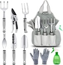 Garden Tools and Watering Set (9-Piece) | Heavy Duty Stainless Steel Hand Tool Kit with Ergonomic Handles, Gardening Gloves, and Tote Bag with Storage Pockets (Silver)