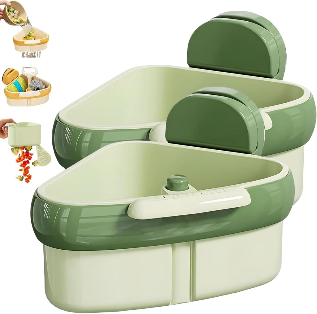 Suction Cup Sink Corner Rack, 2025 Upgraded Self-cleaning Sink Strainer Basket, Triangle Storage Rack with Drain Hole, Press Automatic Dumping Sinks Drainer Basket, Corner Hanging(Green-2Pcs)