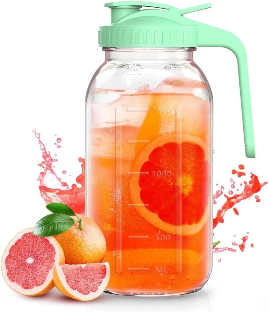 64oz Glass Pitcher with Lid - Mason Jar Pitcher, 2 Quart Water Jug with Spout - for Iced Tea, Coffee, Juice, Milk & Drinks - Leakproof, Easy Pour, Green
