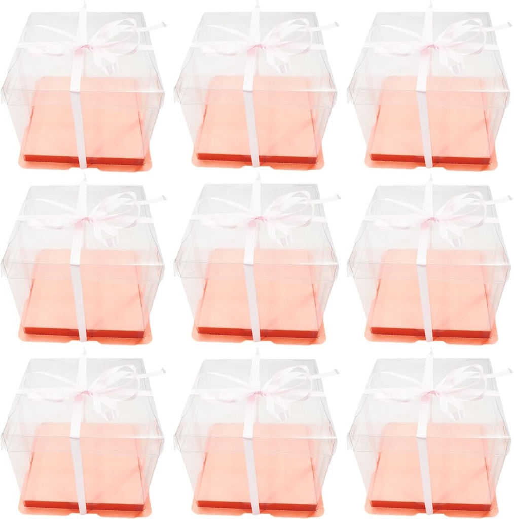 10pcs pink clear cake box with ribbon,4inch cake boxes,small transparent cake carrier,square cardboard cake containers clear gift boxes for wedding,birthday,party