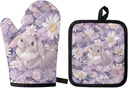 Biyejit Daisy Rabbits 2Pcs Easter Oven Mitts and Pot Holders Set Heat Resistant Hot Pads Machine Washable Microwave Gloves with Hanging Loop Pocket Potholder for Daily Kitchen Baking Cooking Grilling