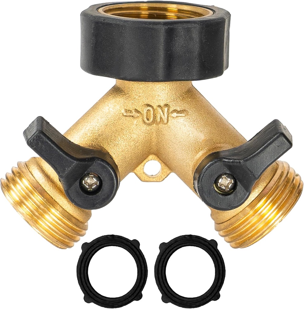 Hourleey Brass Garden Hose Splitter 2 Way, 3/4 Inch Hose Connector Tap Splitter, Hose Y Splitter, Hose Spigot Adapter 2 Valves with Extra Rubber Washers (1)