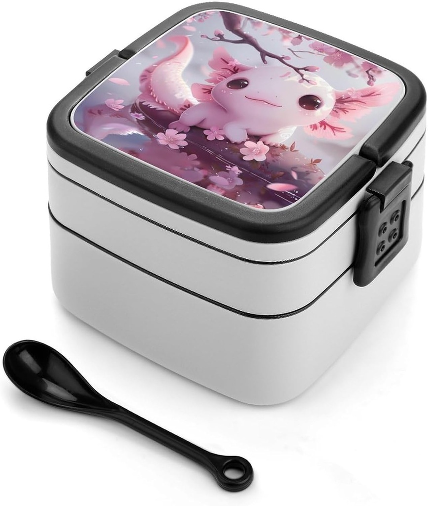 Cherry Flowers Axolotl Bento Box Adult Lunch Box with 2 Compartments Reusable Lunch Containers for Office Picnic