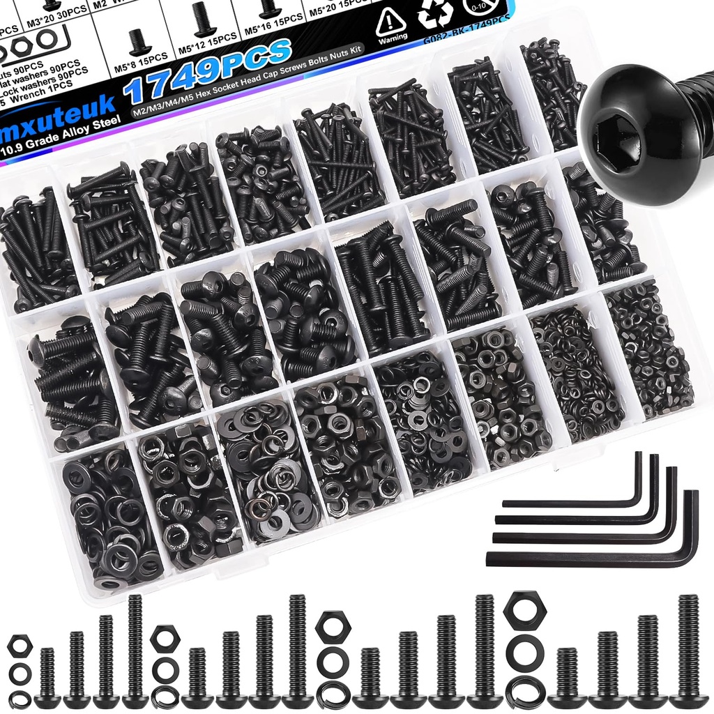 mxuteuk Metric Screw Assortment,M2 M3 M4 M5 Metric Bolt Assortment Kit,Button Head Socket Cap Screws Bolts Washers Nuts Kit,10.9 Alloy Steel Cap Screw Set with 4 Hex Wrench (1749PCS)