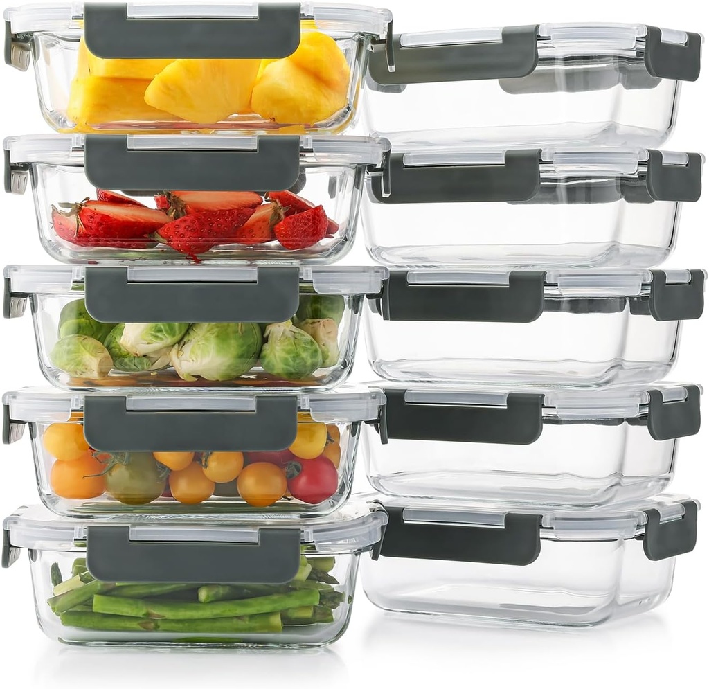 10 Pack 22 Oz Glass Meal Prep Containers with Lids, Reusable Glass Food Storage Containers with Lids, Leak Proof, Microwave, Oven, Freezer and Dishwasher Safe (Gray)
