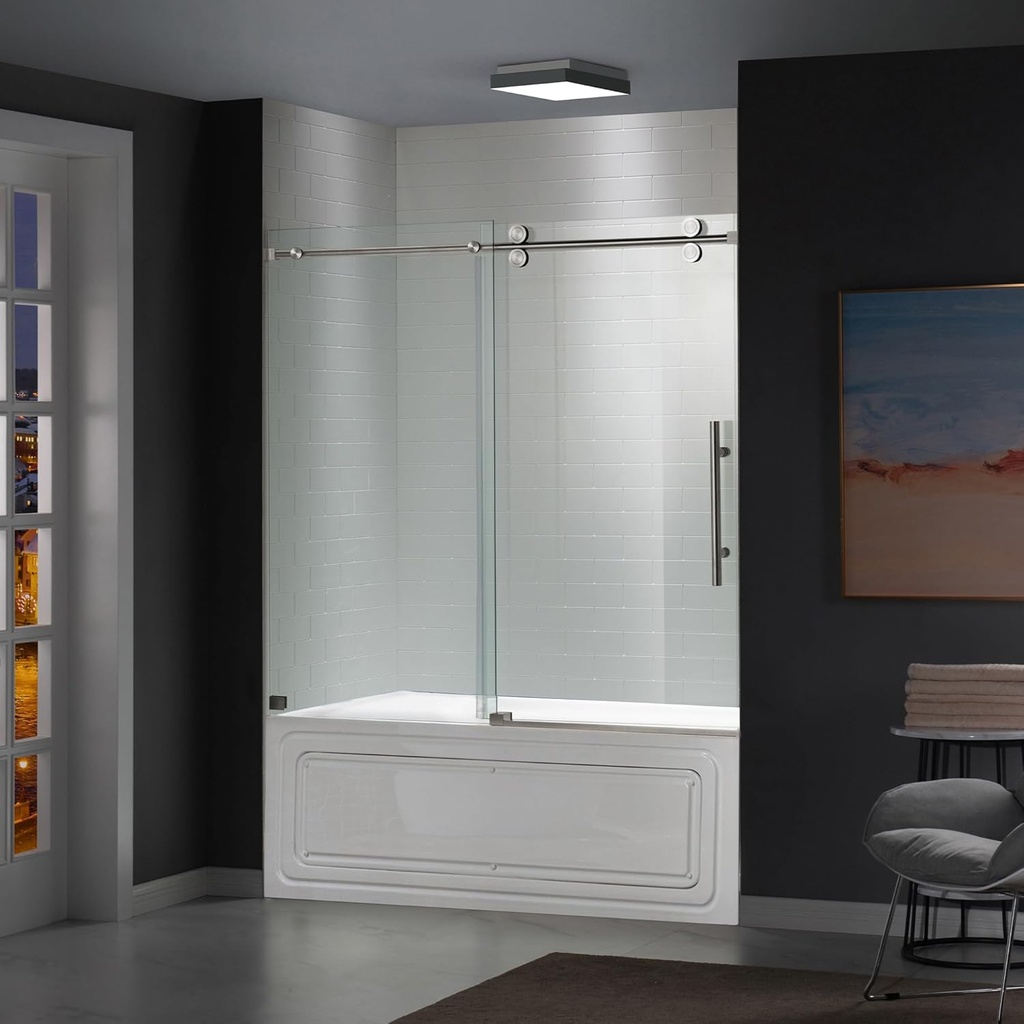 WOODBRIDGE Frameless Bathtub Shower Doors 56-60" Width x 66" Height with 5/16"(8mm) Clear Tempered Glass in Brushed Nickel Finish
