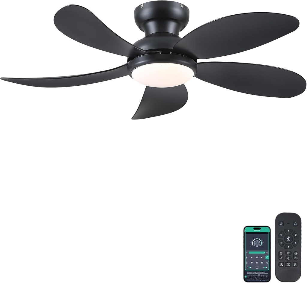PHORUS 42" Black Low Profile Ceiling Fans with Lights and Remote,Small Flush Mount Ceiling Fans with Quiet Reversible DC Motor, Dimmable 3 CCT