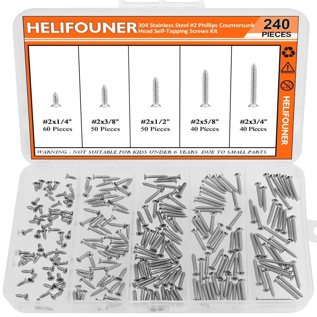 #2 x 1/4" 3/8" 1/2" 5/8" 3/4" Wood Screws Set, HELIFOUNER 240 Pieces Phillips Countersunk Head Self-Tapping Screws Assortment Kit, Phillips Flat Head Wood Screws, 304 Stainless Steel