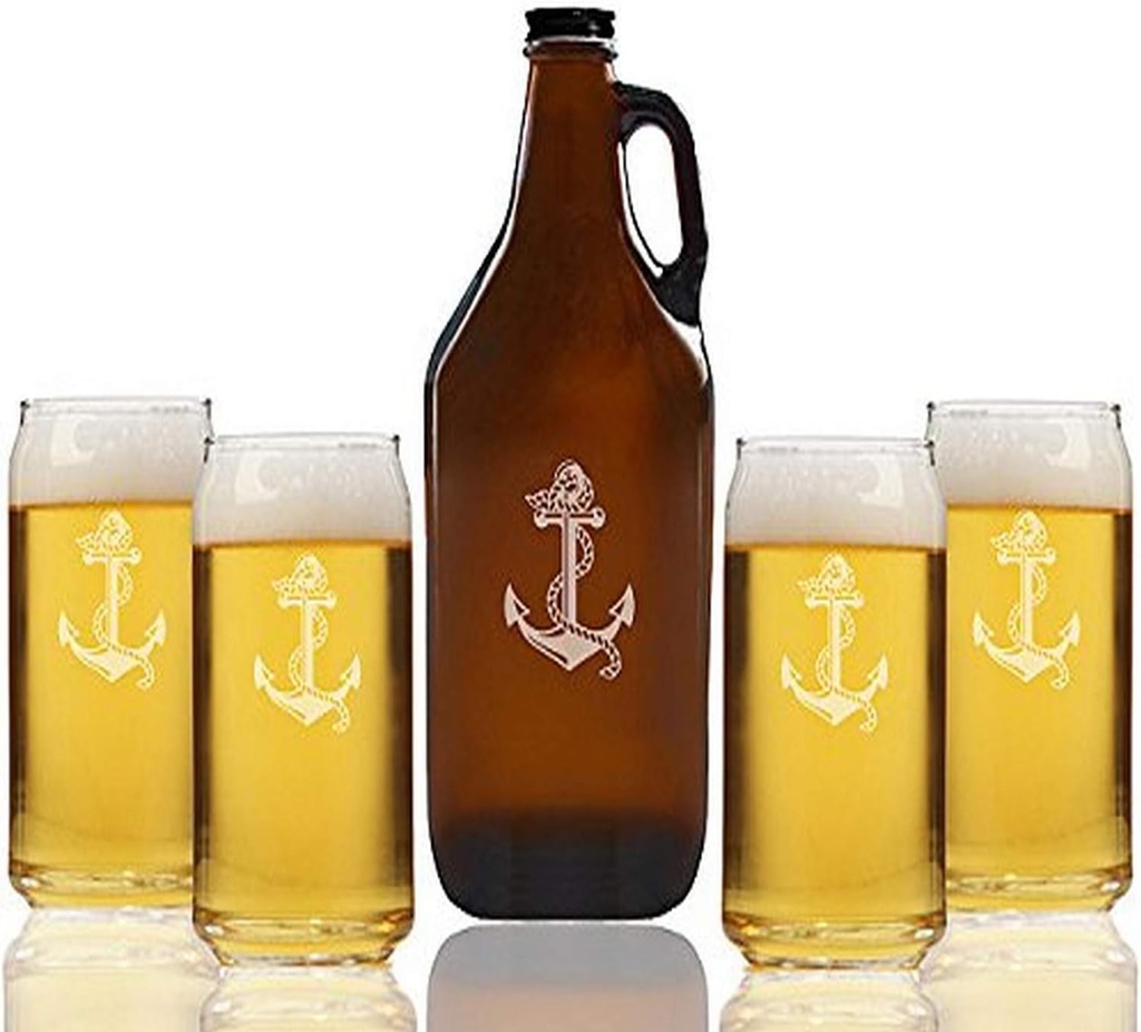 "Anchor" Beer Amber Growler & Can Glasses, Set of 5