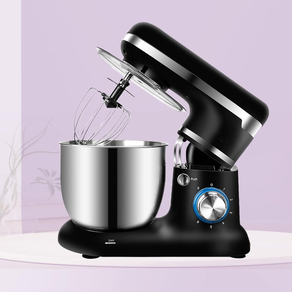 Mixer, 6-Speed Kitchen Electric Dough Mixer for Household Baking Bread, Mixing Bowl Splash Guard, Dough Hook, Mixing Beater, Wire Whisk,Black