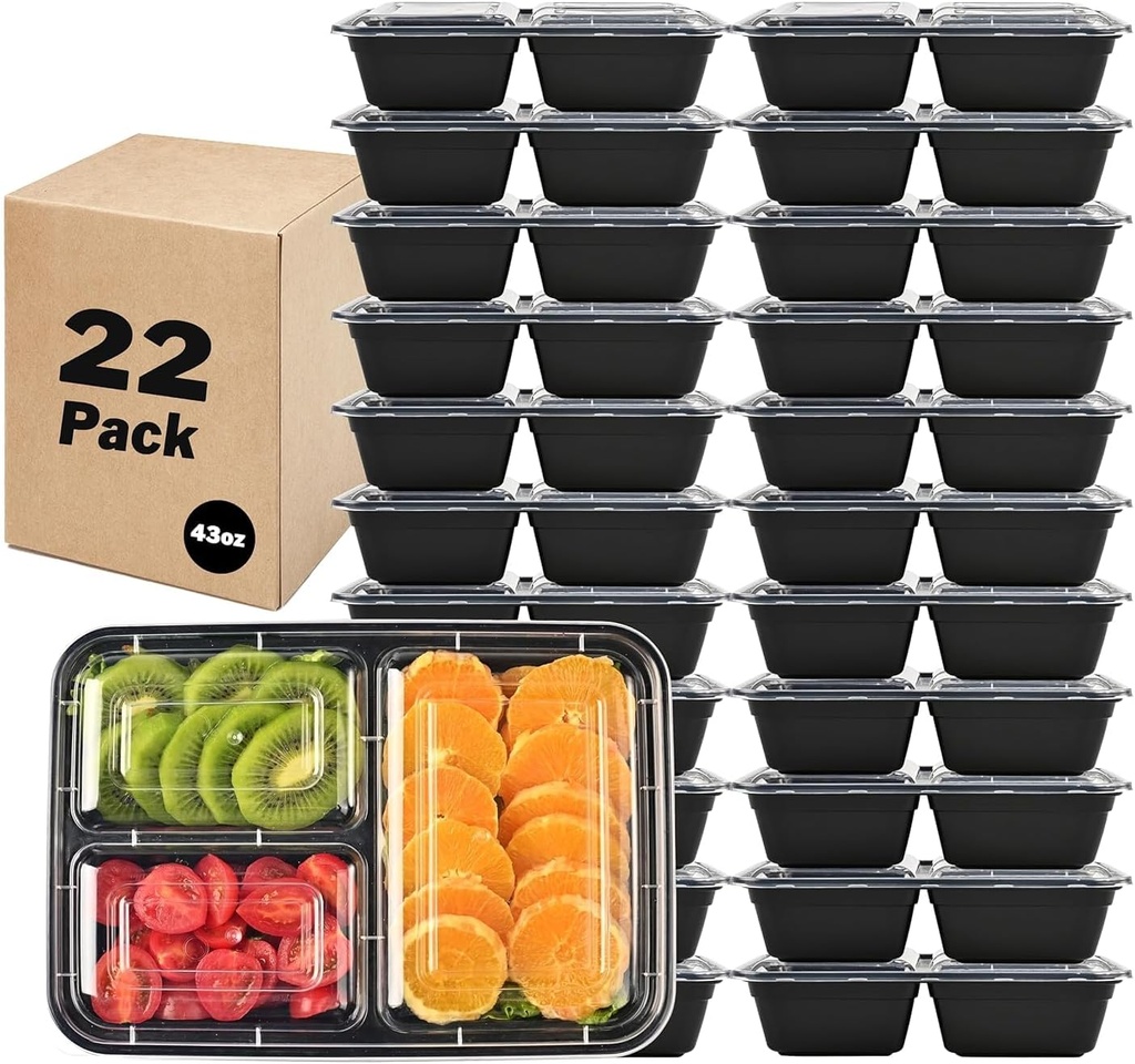 LOKATSE HOME 22 Pack 3 Compartment Meal Prep Food Storage Containers with Lids Reusable Take Out Box, BPA Free, Stackable, Microwave/Dishwasher/Freezer Safe (43 oz)