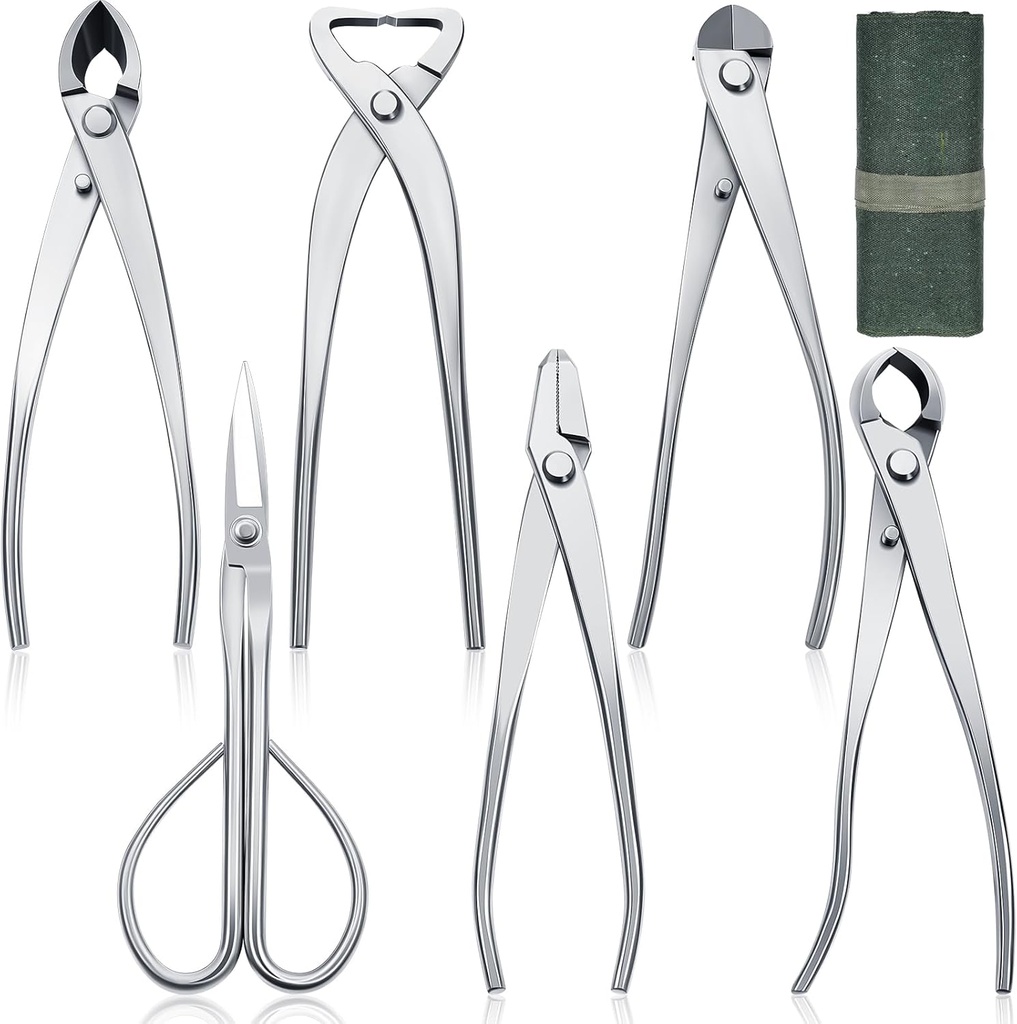 Nuogo 6 Piece Bonsai Tool Set with Roll Bag 8 Inch Heavy Duty Gardening Pruning and Care Kit Concave Knob Wire Cutter Trunk Splitter Jin Pliers Scissors