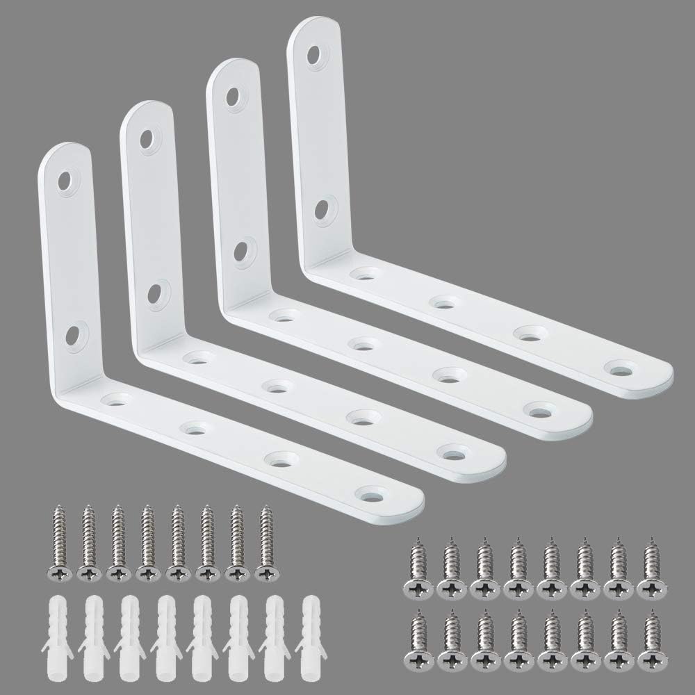Alise Floating Shelf Brackets,L Brackets for Shelves Heavy Duty Shelving Brackets Stainless Steel Corner Brace Angle Bracket for Wood,5x3 Inch Wall Shelf Bracket White,Pack of 4