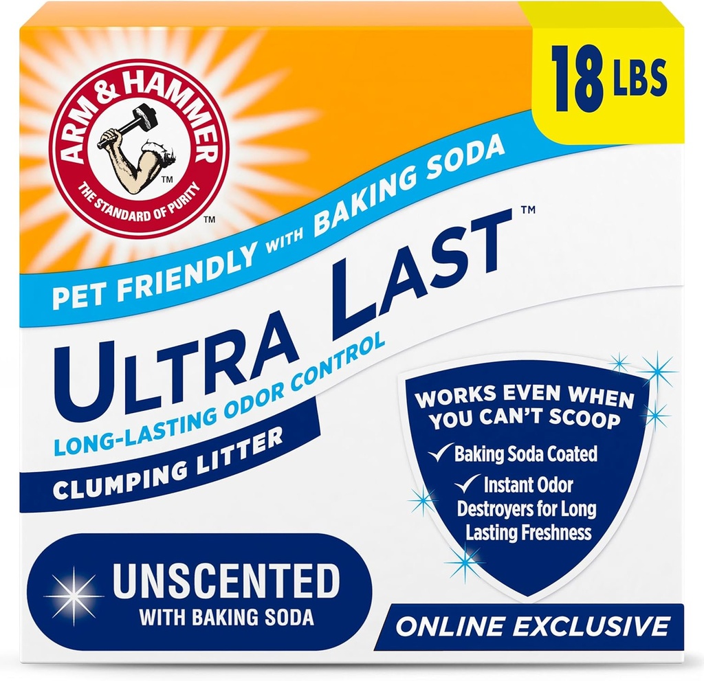ARM & HAMMER Ultra Last Clumping Cat Litter Unscented MultiCat 18 Lbs. Pet Friendly with Baking Soda Odor Control Litter