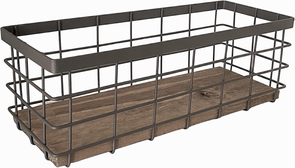 HUA HUALINK- Small Metal Wire Storage Basket, Detachable Wood Base Storage Organizer Bin Basket for Kitchen Cabinets, Bathroom, Pantry, Garage, Laundry Room - Brown