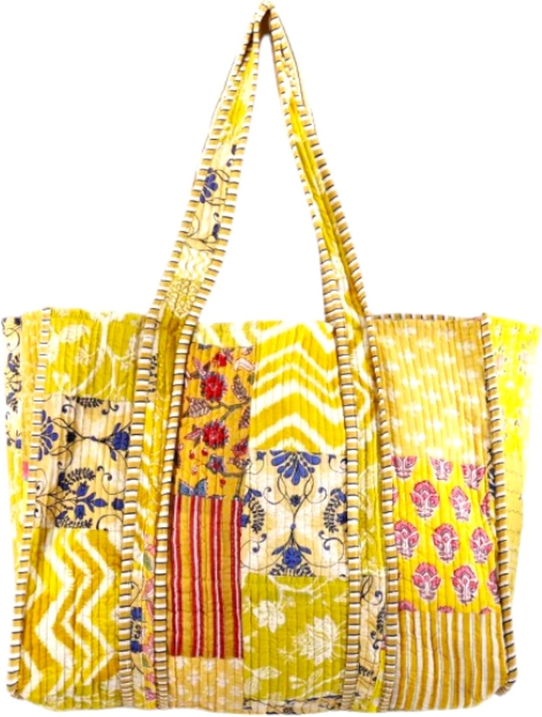 RAJBHOOMI HANDICRAFTS Floral Quilted Cotton Tote Bag – Lightweight & Durable Handbag for Shopping, Beach, Travel & Daily Use (Mustard)