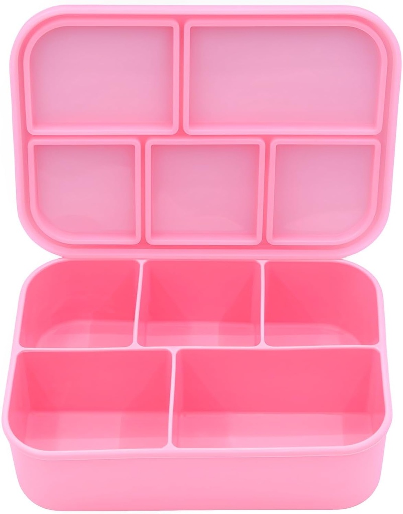 Big Size Platinum Silicone Bento Box with lid, 63.8oz, 5 Leakproof Compartments Lunch Box, Divided Snack Food Storage Container, Microwave Freezer Dishwasher Safe, BPA Free (Pink)