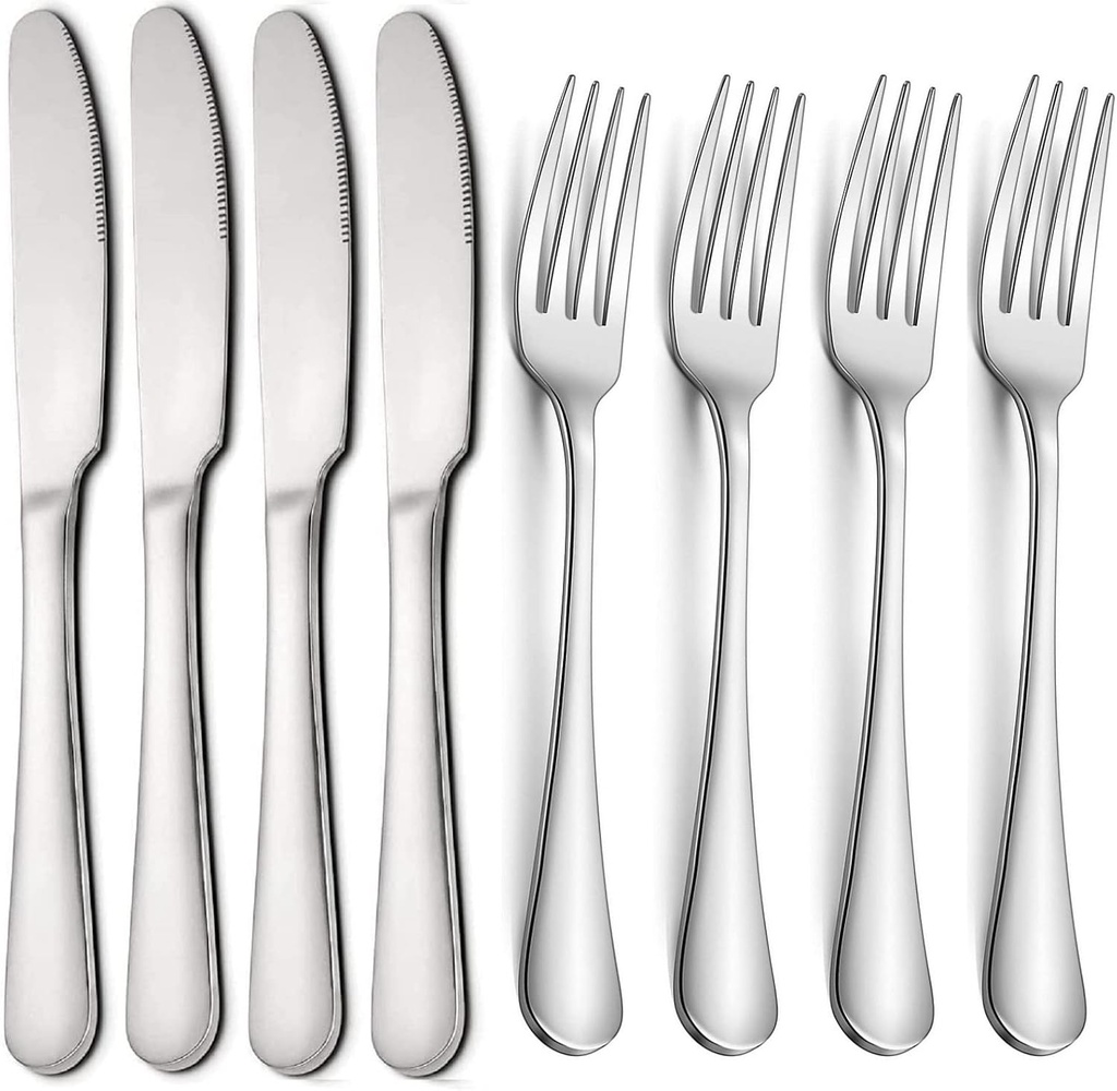 Dinner Knives Stainless Steel Table Knife and Forks for Dessert and Steak Butter Knives Heavy Duty, Set of 8 (4 Dinner Knives + 4 Forks)